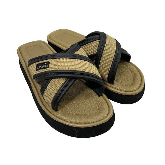 Laguna‎ Beach Shoes Large 9 Black Tan Slip On Sandals - Picture 1 of 9
